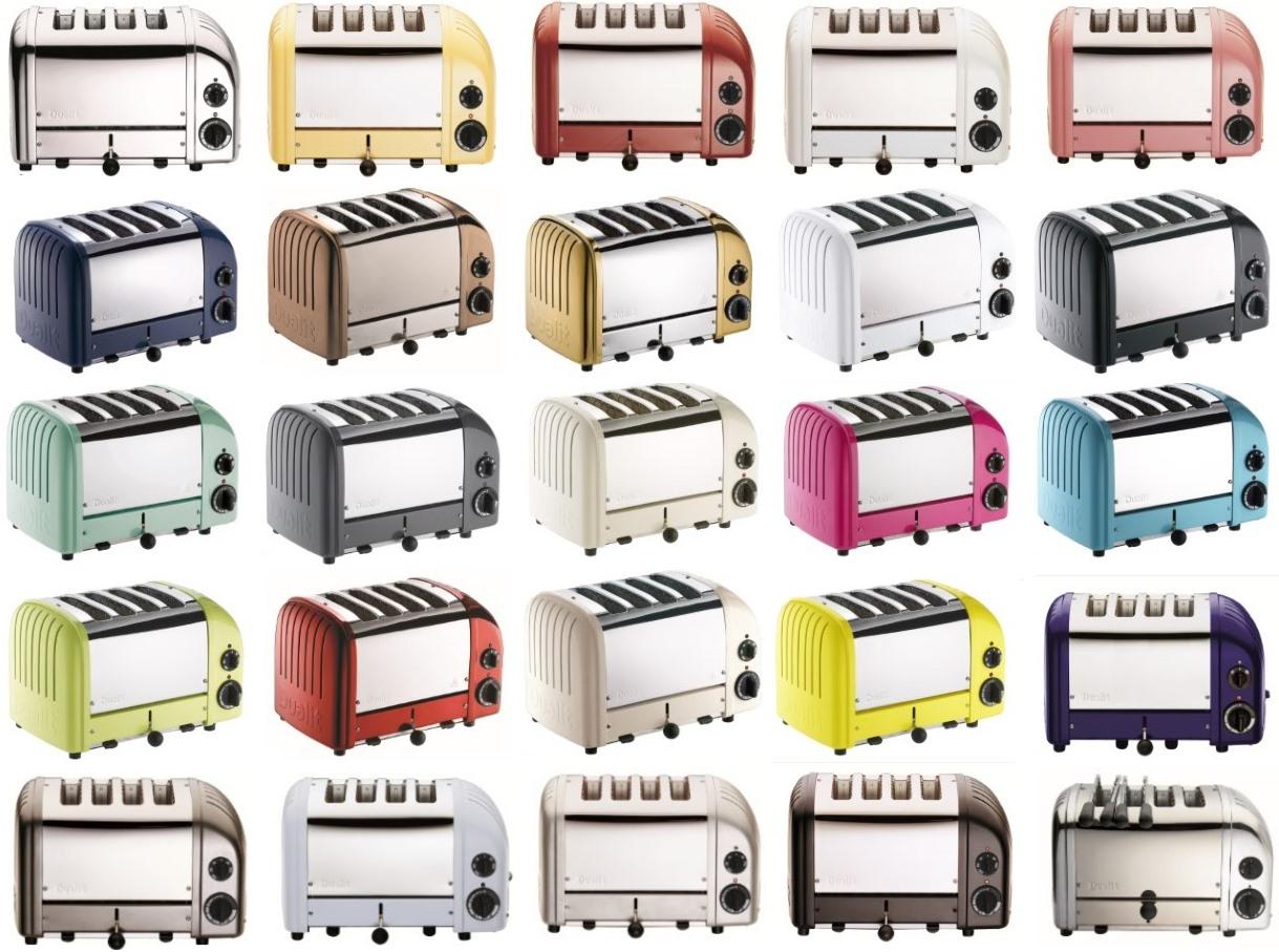 Grid of Dualit Classic Toaster color options across more than twenty finishes