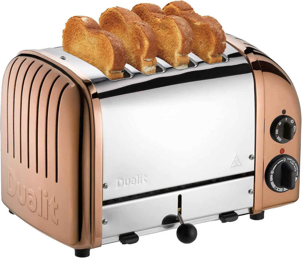 Dualit Classic 4-Slice Toaster in copper, front view with toast in the slots