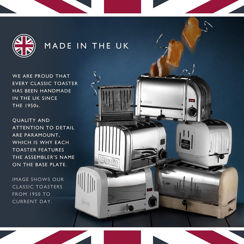 Dualit Classic Toaster marked Made in the UK, shown alongside a stainless steel commercial-style model
