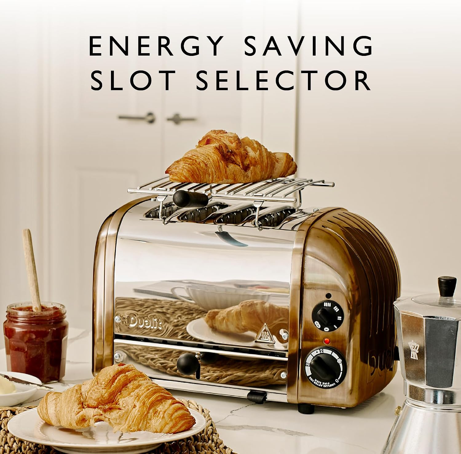 Dualit Classic Toaster's Energy Saving Slot Selector feature, shown with a copper toaster and buttered toast