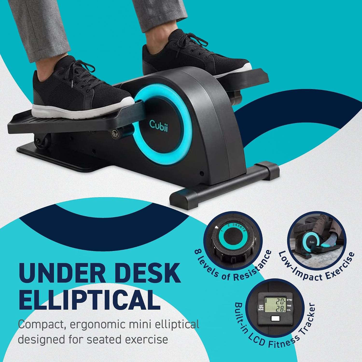 Feet resting on the Cubii JR1 under-desk elliptical, text reads Under Desk Elliptical, compact ergonomic mini elliptical designed for seated exercise