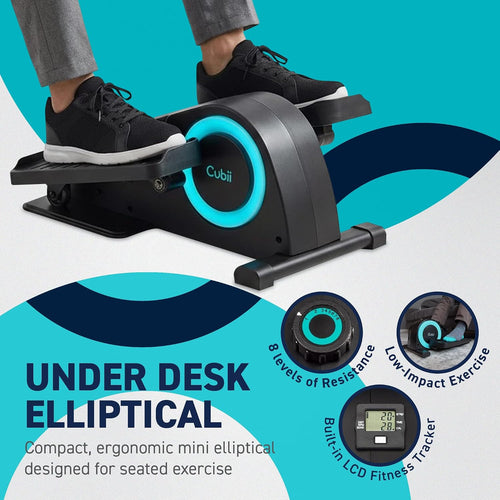 Feet resting on the Cubii JR1 under-desk elliptical, text reads Under Desk Elliptical, compact ergonomic mini elliptical designed for seated exercise