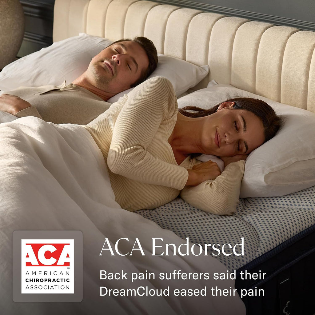 Person resting on the DreamCloud Classic Hybrid Mattress with CertiPUR-US certification badge