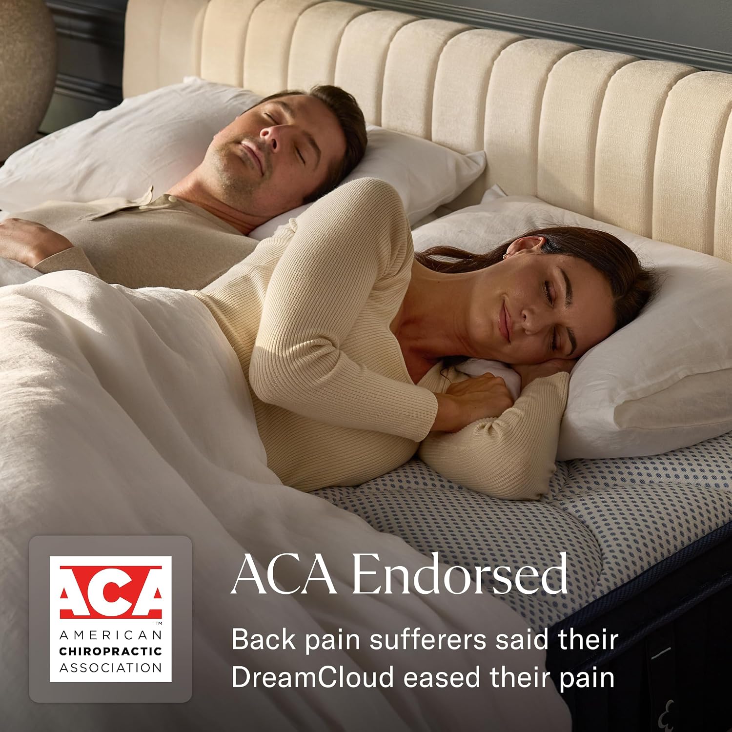 Person resting on the DreamCloud Classic Hybrid Mattress with CertiPUR-US certification badge