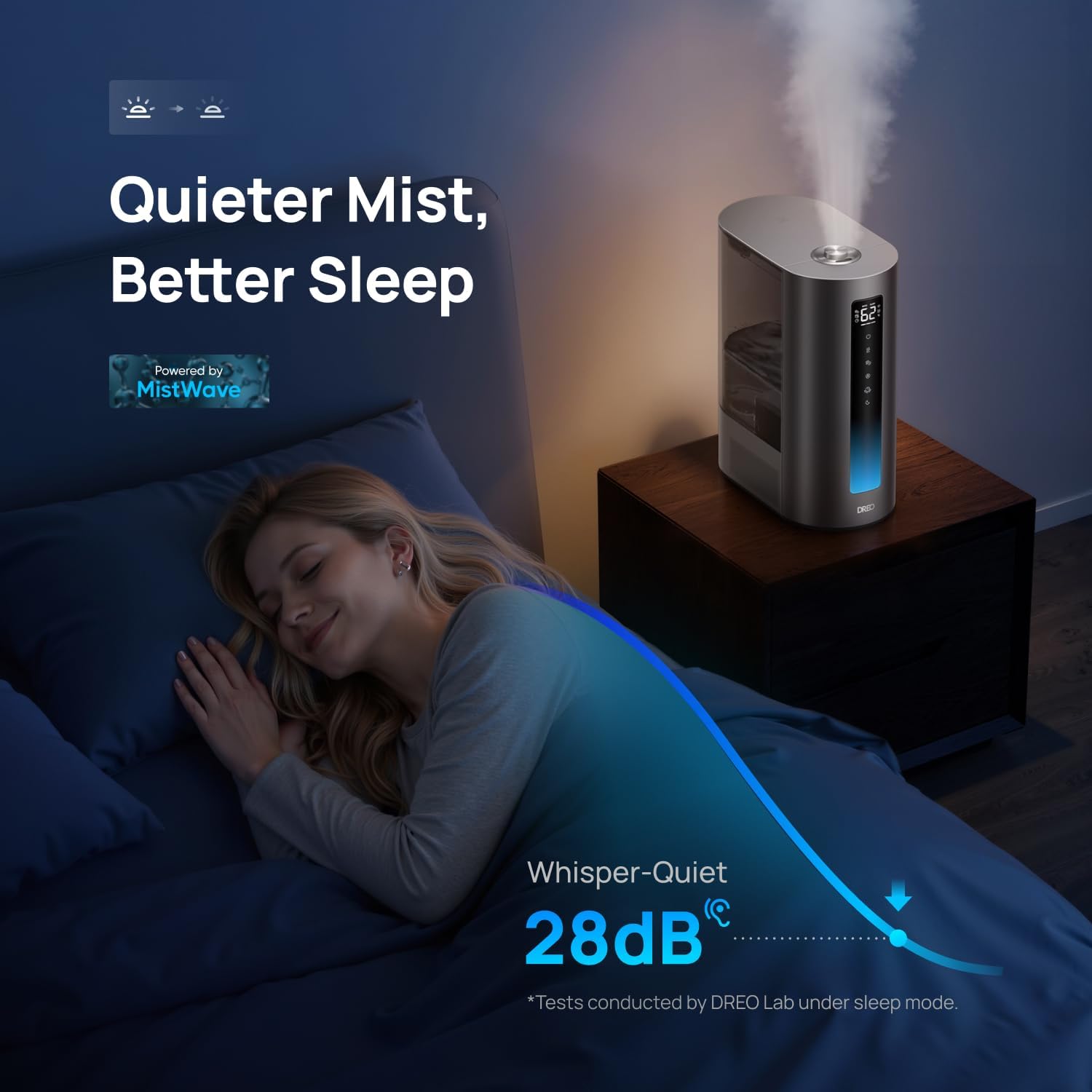 DREO 6L Smart Humidifier beside a bed at night, text reads Quieter Mist, Better Sleep