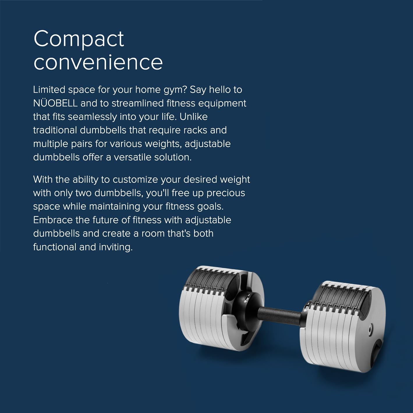 NUOBELL adjustable dumbbell on navy background with text Compact convenience