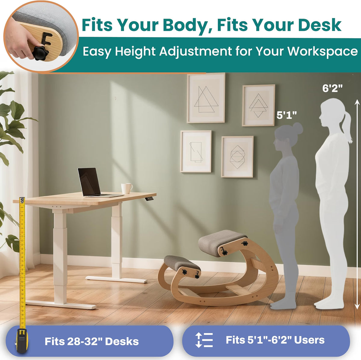 Ergonomic kneeling chair with adjustable seat height, shown fitting the body and the desk