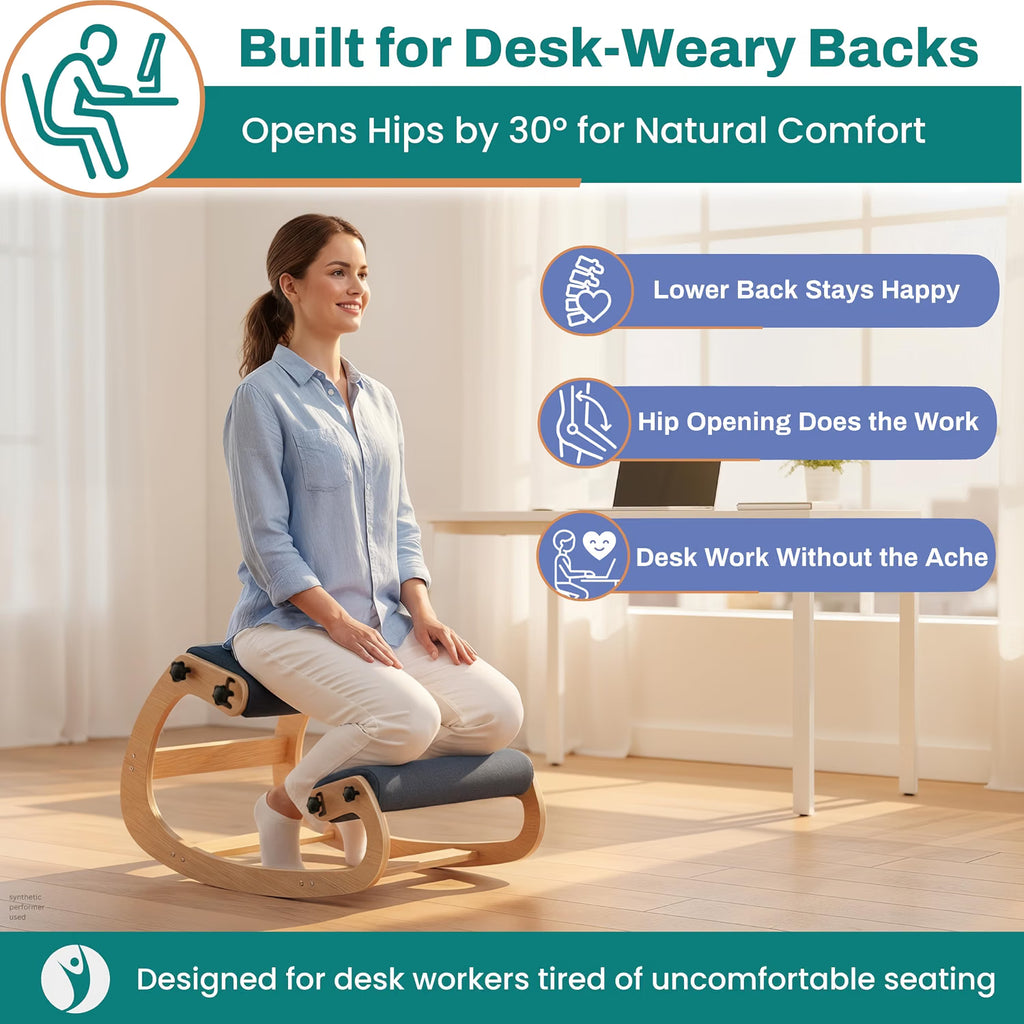 Person kneeling on an ergonomic kneeling chair with upright posture, built for desk-weary backs