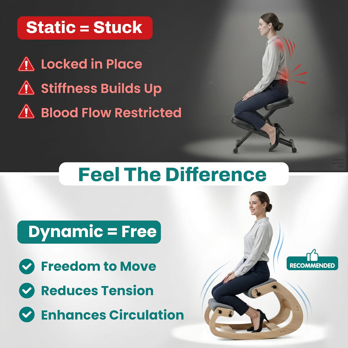 Ergonomic kneeling chair feature graphic showing its stable, sturdy build and rocking motion