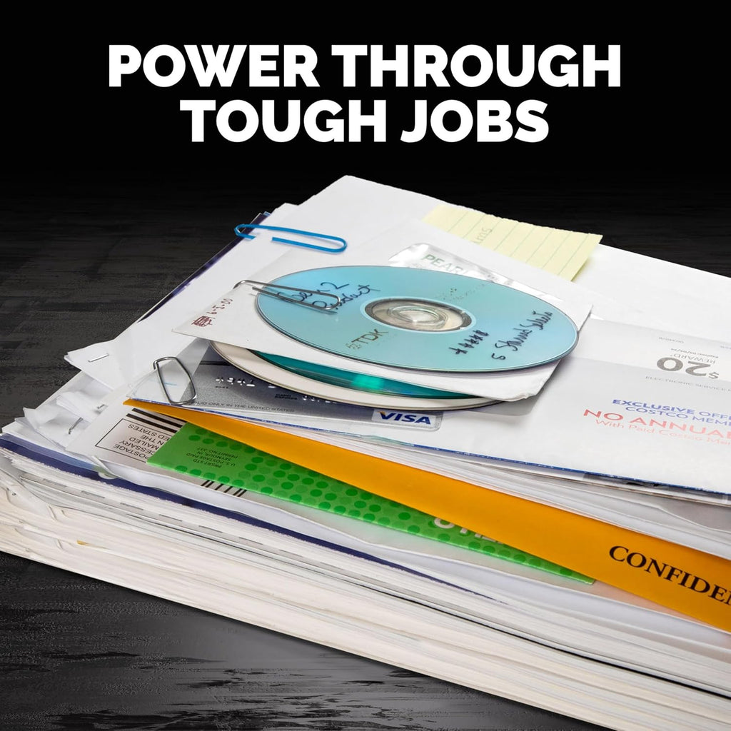 Stack of documents, a CD, credit card, and paper clips demonstrating the range of materials the Fellowes Powershred 79Ci can shred