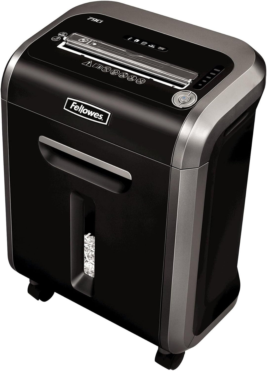 Fellowes Powershred 79Ci shredder, front view showing paper feed slot, control panel, and pull-out bin with shredded paper visible