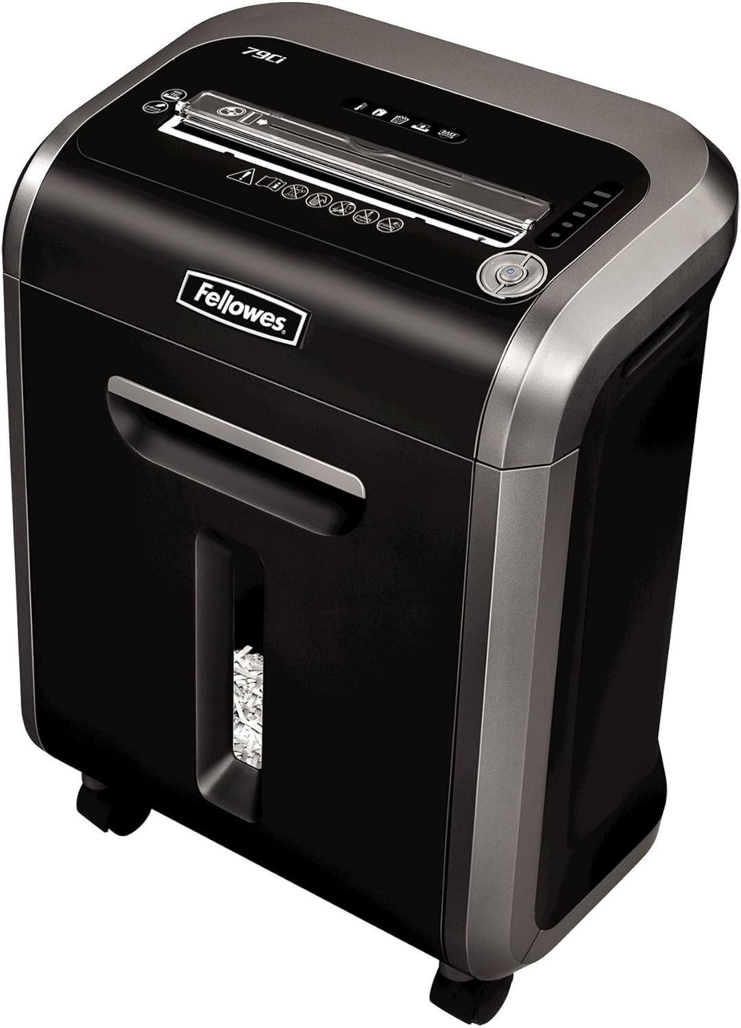 Fellowes Powershred 79Ci shredder, front view showing paper feed slot, control panel, and pull-out bin with shredded paper visible