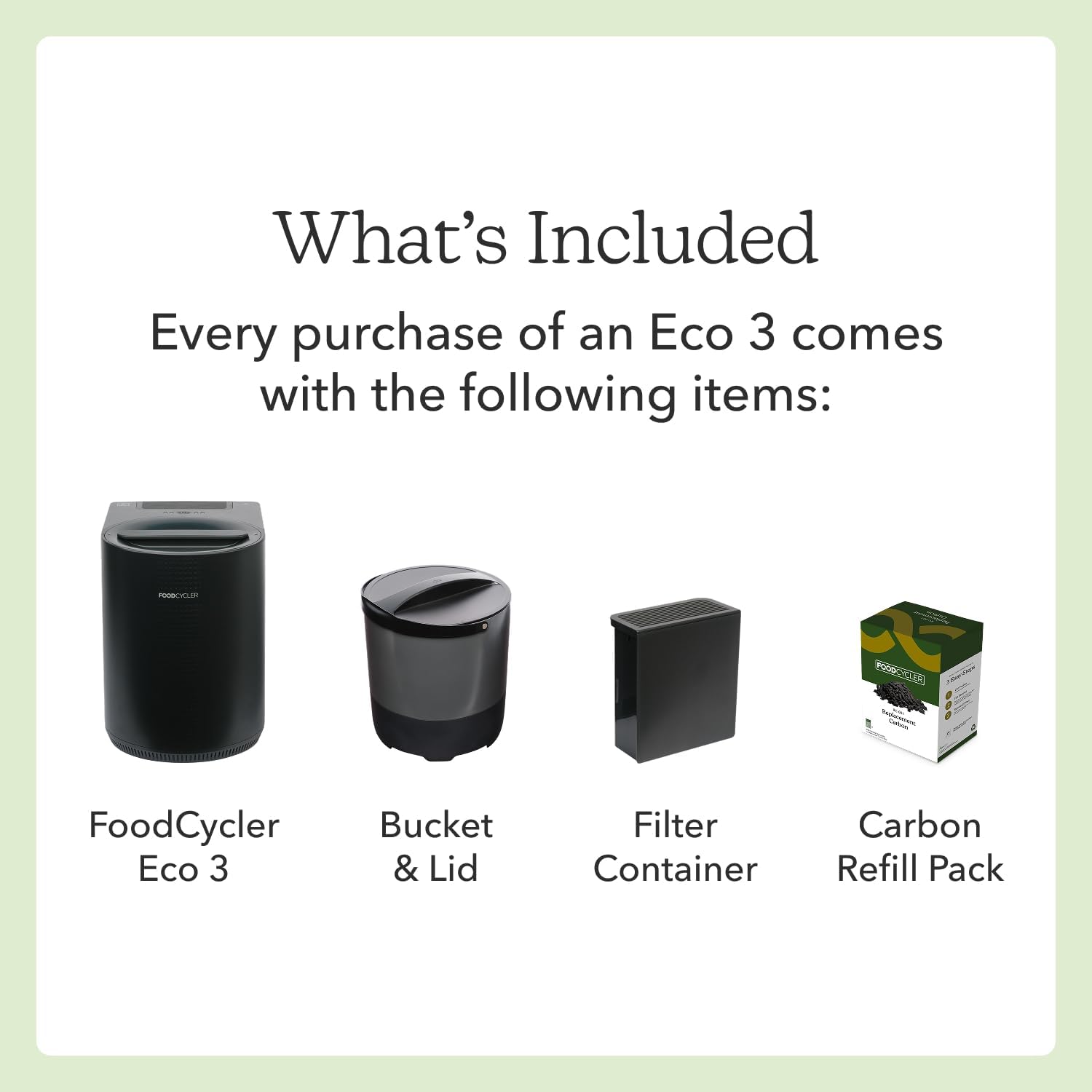 FoodCycler Eco 3 with its included bucket and lid, filter container, and carbon refill pack