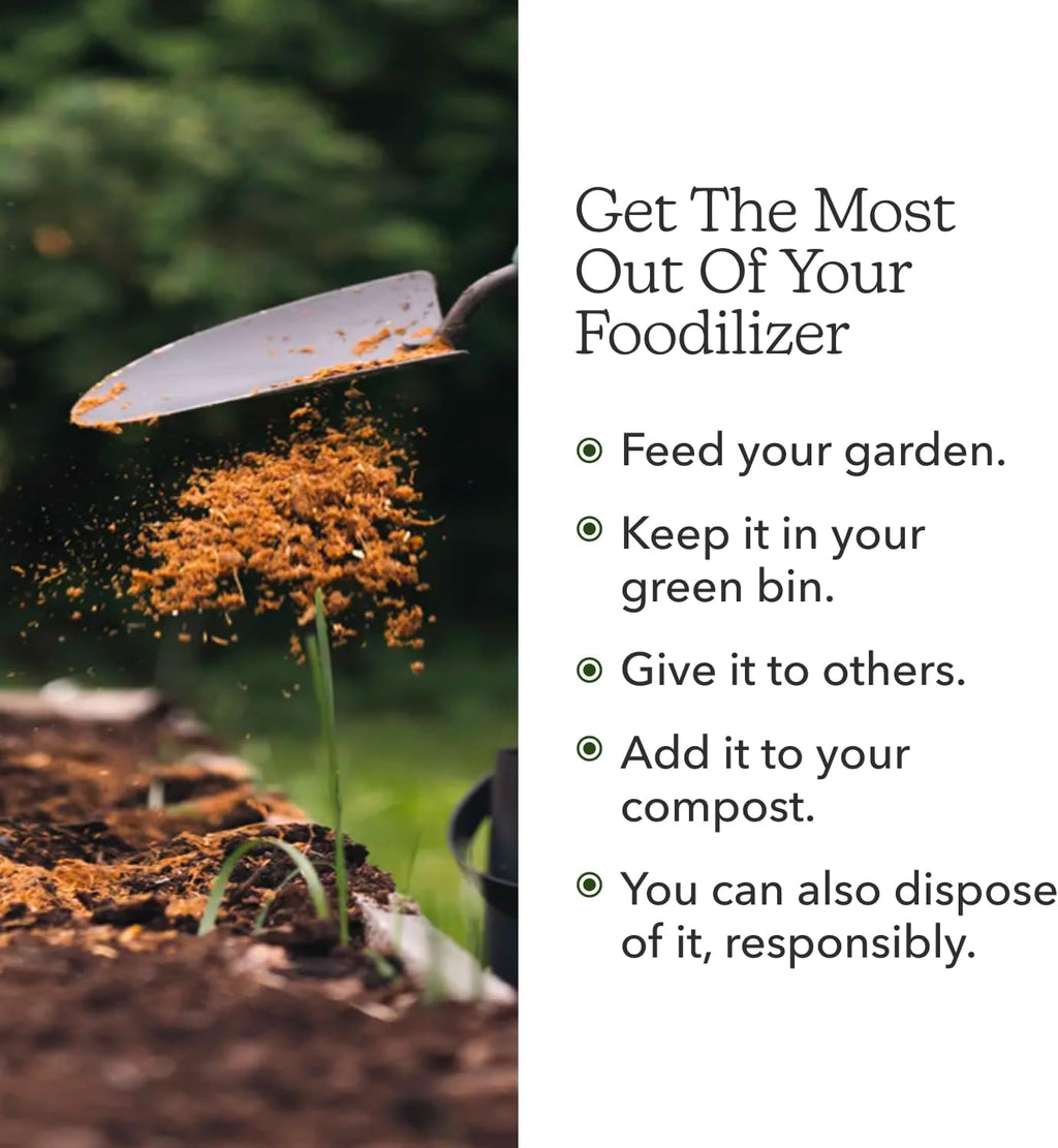 Trowel spreading FoodCycler output onto garden soil, text reads Get The Most Out Of Your Foodilizer