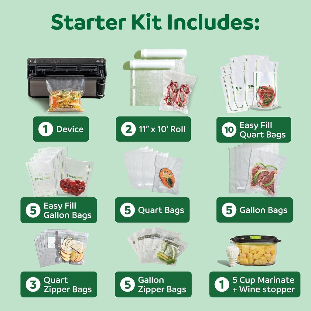Starter kit contents for the FoodSaver Elite: device, roll, easy fill bags, gallon and quart bags, zipper bags, and marinate container