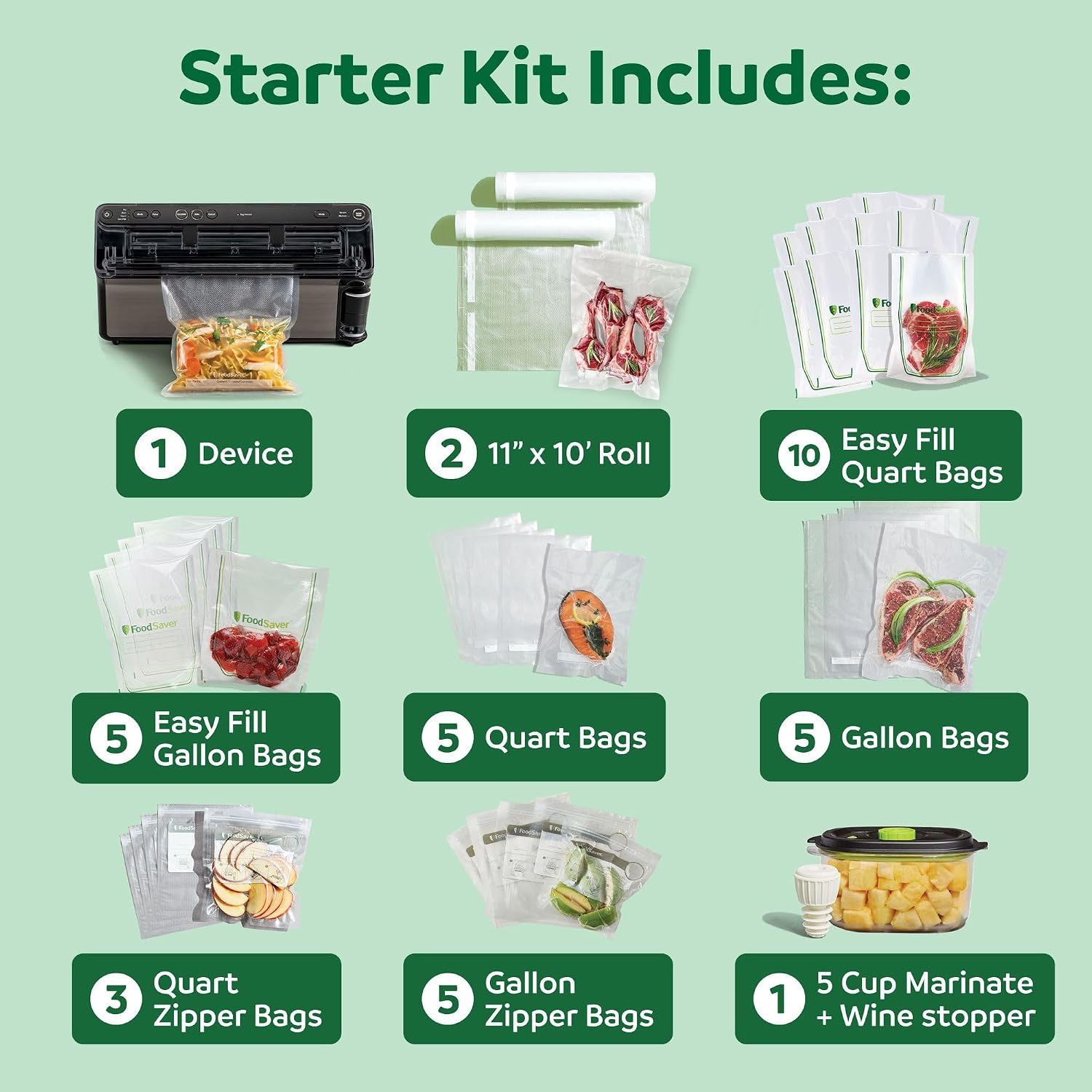 Starter kit contents for the FoodSaver Elite: device, roll, easy fill bags, gallon and quart bags, zipper bags, and marinate container