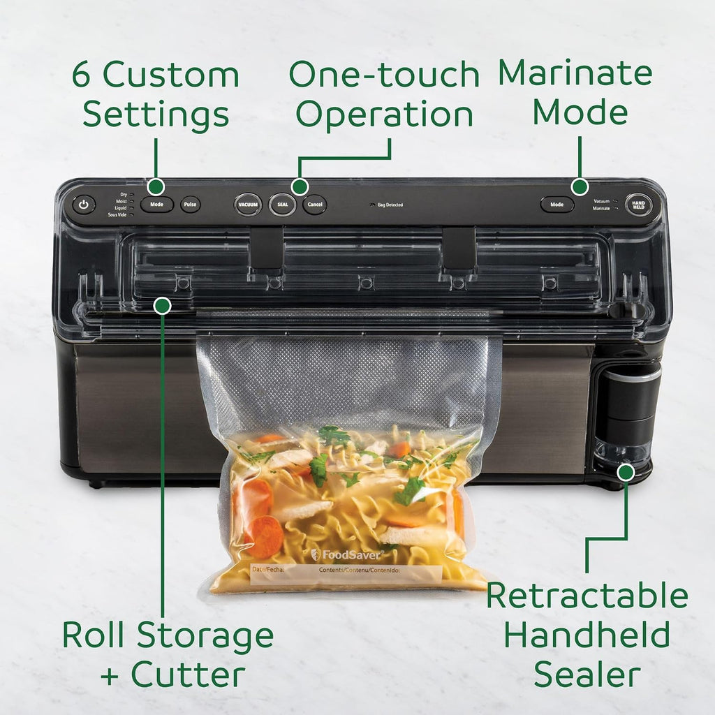 FoodSaver Elite sealing a bag of noodles and vegetables, with callouts for custom settings, one-touch operation, marinate mode, roll storage, and retractable handheld sealer