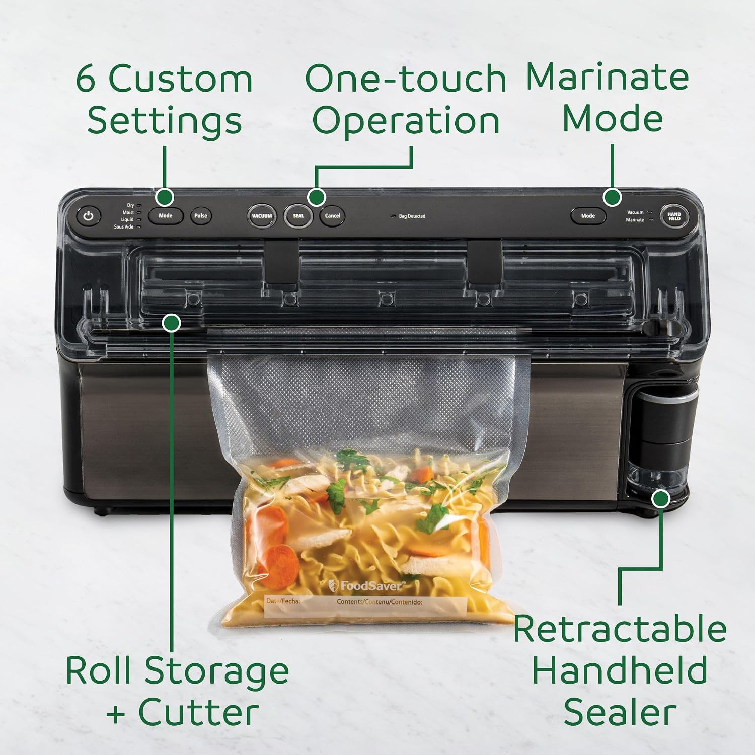 FoodSaver Elite sealing a bag of noodles and vegetables, with callouts for custom settings, one-touch operation, marinate mode, roll storage, and retractable handheld sealer