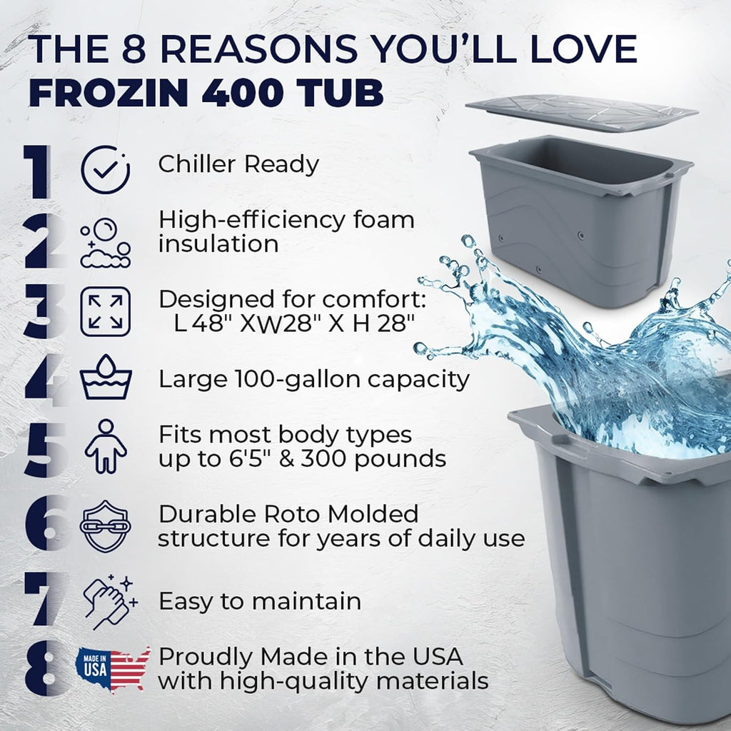 Frozin 400 cold plunge tub features: chiller-ready, foam insulation, 48x28x28 inches, 100-gallon capacity, fits up to 6 foot 5 and 300 pounds, roto-molded, made in USA