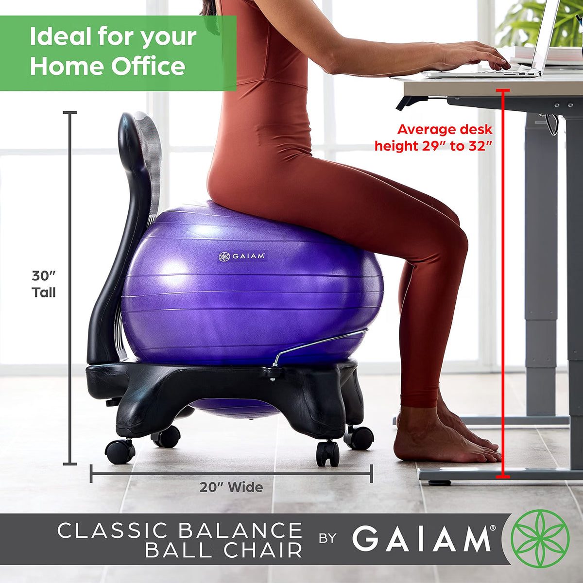 Person using a purple Gaiam Balance Ball Chair at a home office desk