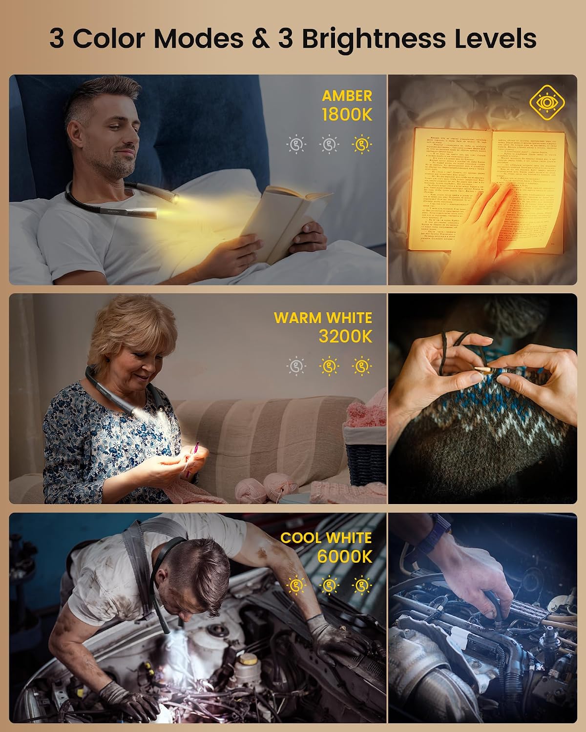 People using the Glocusent LED Neck Reading Light in bed at night with warm ambient lighting