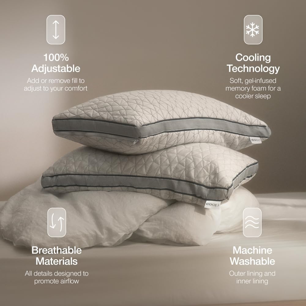 Two Coop Home Goods Eden Adjustable Pillows stacked on a bed, graphic listing 100% Adjustable, Cooling Technology, Breathable Materials, and Machine Washable