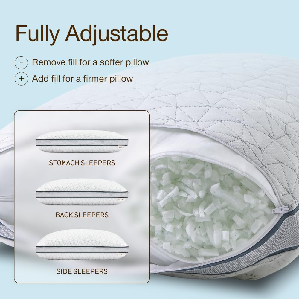Coop Home Goods Eden Pillow unzipped showing gel-infused memory foam fill, graphic reading Fully Adjustable with fill levels for stomach, back, and side sleepers