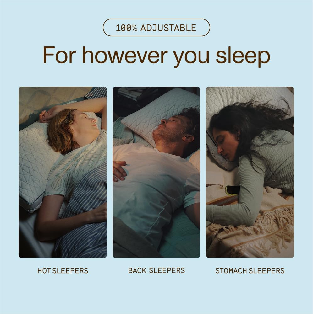 Three people sleeping in different positions on the Coop Home Goods Eden Pillow, graphic reading 100% Adjustable, For However You Sleep