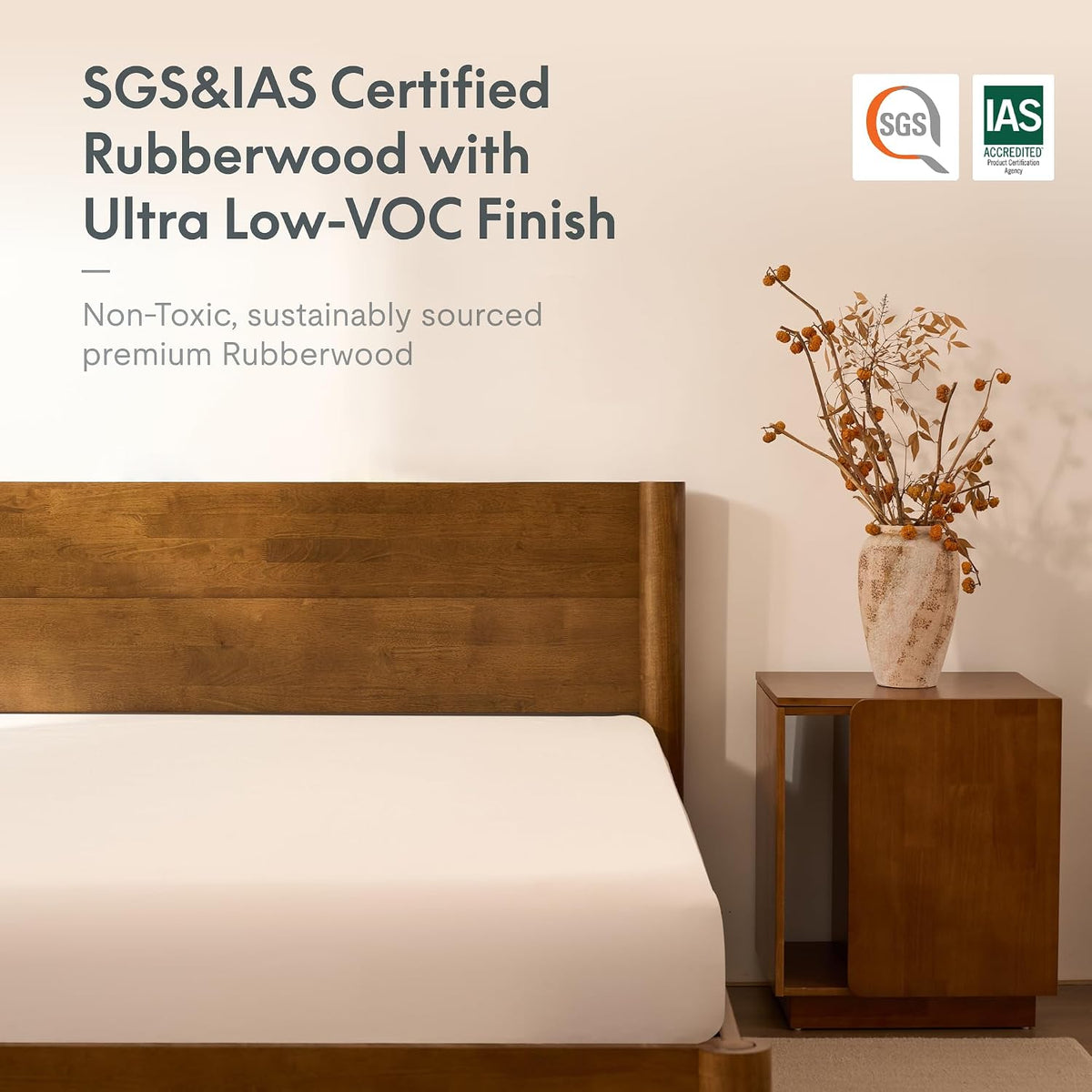FLEXISPOT Hako G2 bed frame headboard and nightstand, text reads SGS and IAS Certified Rubberwood with Ultra Low-VOC Finish