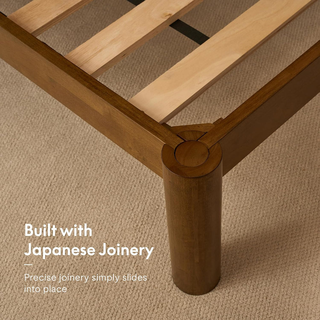 Close-up of the FLEXISPOT Hako G2 bed frame's corner joint and rounded leg, text reads Built with Japanese Joinery