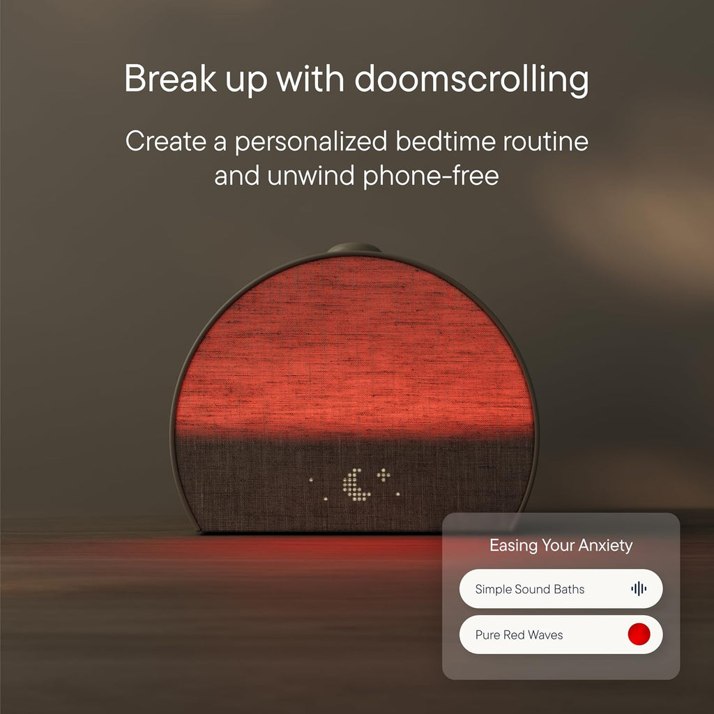 Hatch Restore 3 glowing red at night with sound bath options, promoting a phone-free bedtime routine