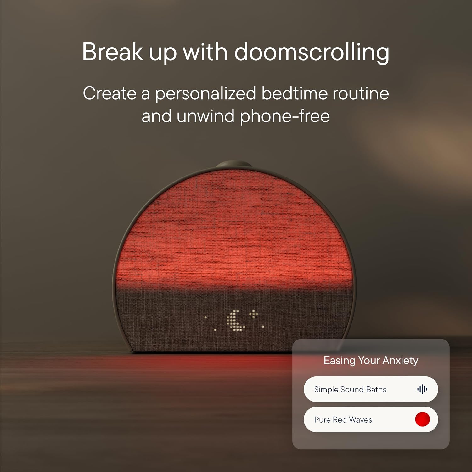 Hatch Restore 3 glowing red at night with sound bath options, promoting a phone-free bedtime routine