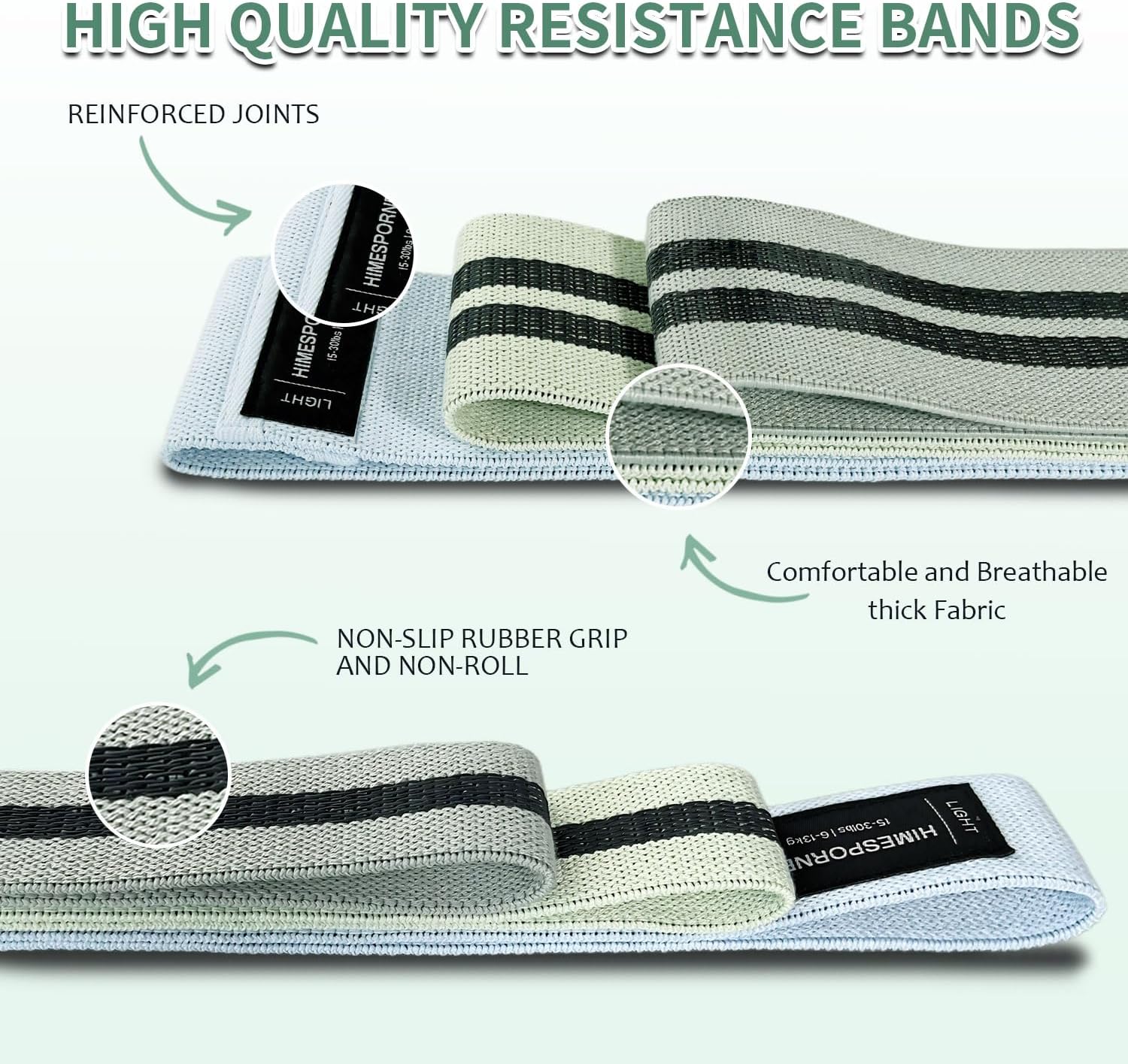 Close-up of the HIMESPORNER resistance bands' reinforced joints and non-slip rubber grip