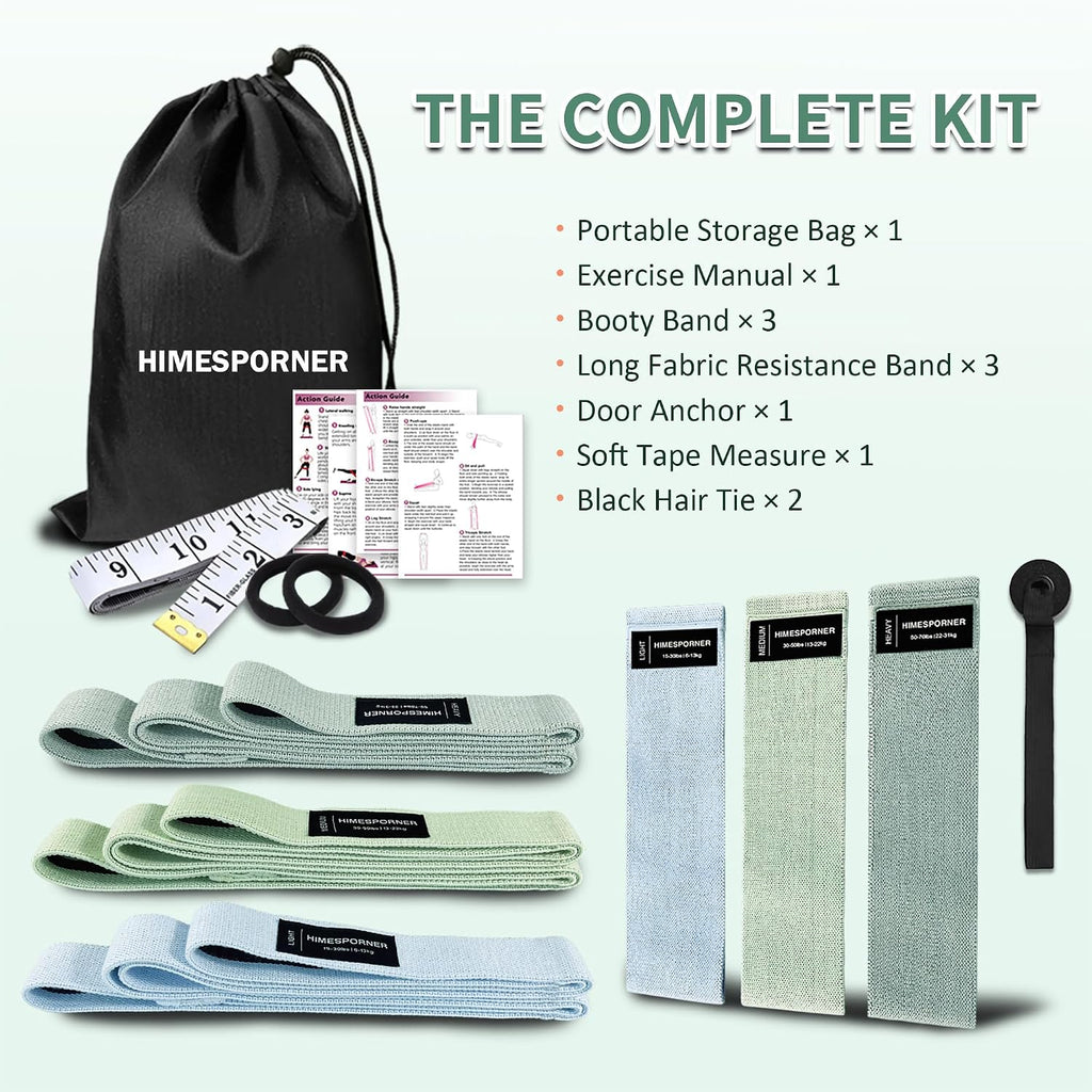 Complete HIMESPORNER resistance bands kit including storage bag, exercise manual, booty bands, long resistance bands, door anchor, and tape measure