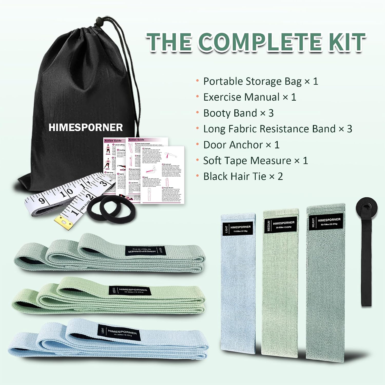 Complete HIMESPORNER resistance bands kit including storage bag, exercise manual, booty bands, long resistance bands, door anchor, and tape measure