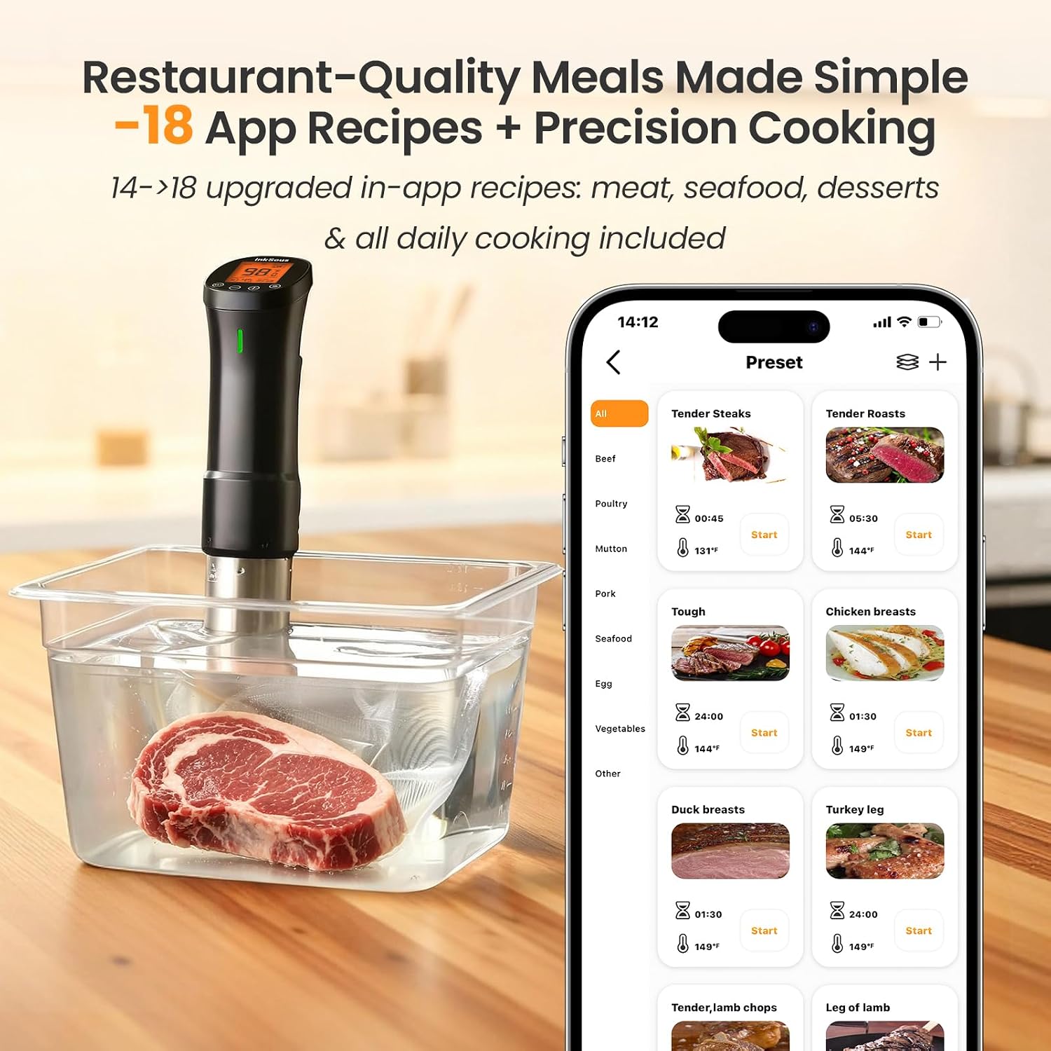 WiFi Sous Vide Precision Cooker clipped to a container of water with a steak inside, next to the companion app's recipe list