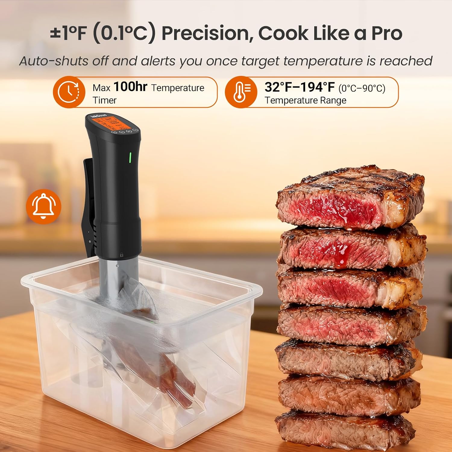 WiFi Sous Vide Precision Cooker in a water bath next to a stack of steaks, showing its ±1°F temperature accuracy