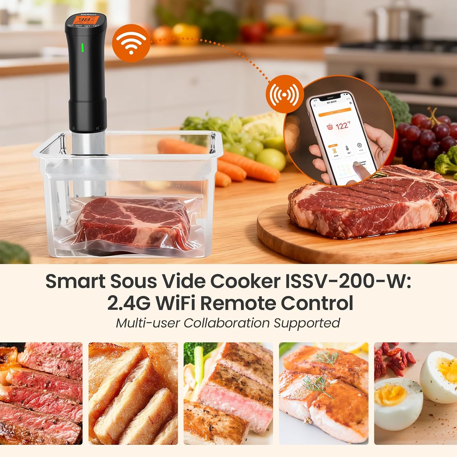 WiFi Sous Vide Precision Cooker with its remote control app and a grid of foods it can prepare, including steak, chicken, and salmon