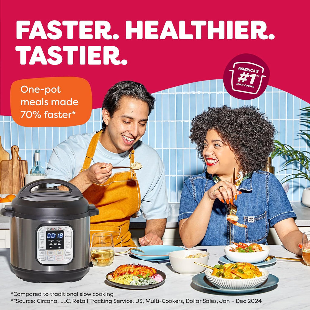 Couple enjoying a one-pot meal made faster with the Instant Pot Duo pressure cooker
