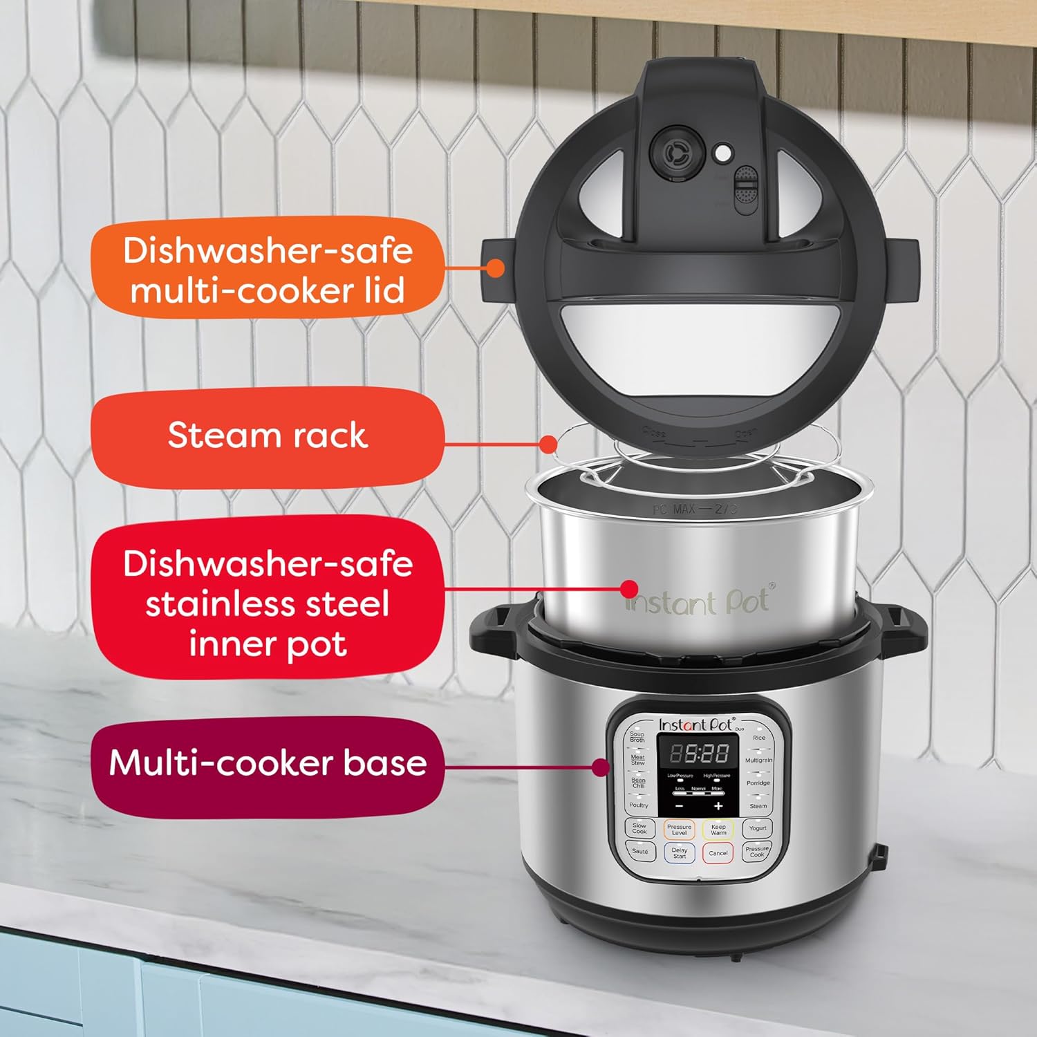 Diagram of the Instant Pot Duo's dishwasher-safe lid, steam rack, inner pot, and multi-cooker base