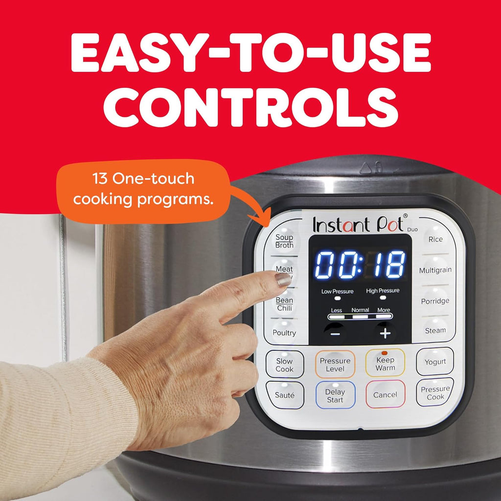 Hand pressing one of the Instant Pot Duo's 13 one-touch cooking programs