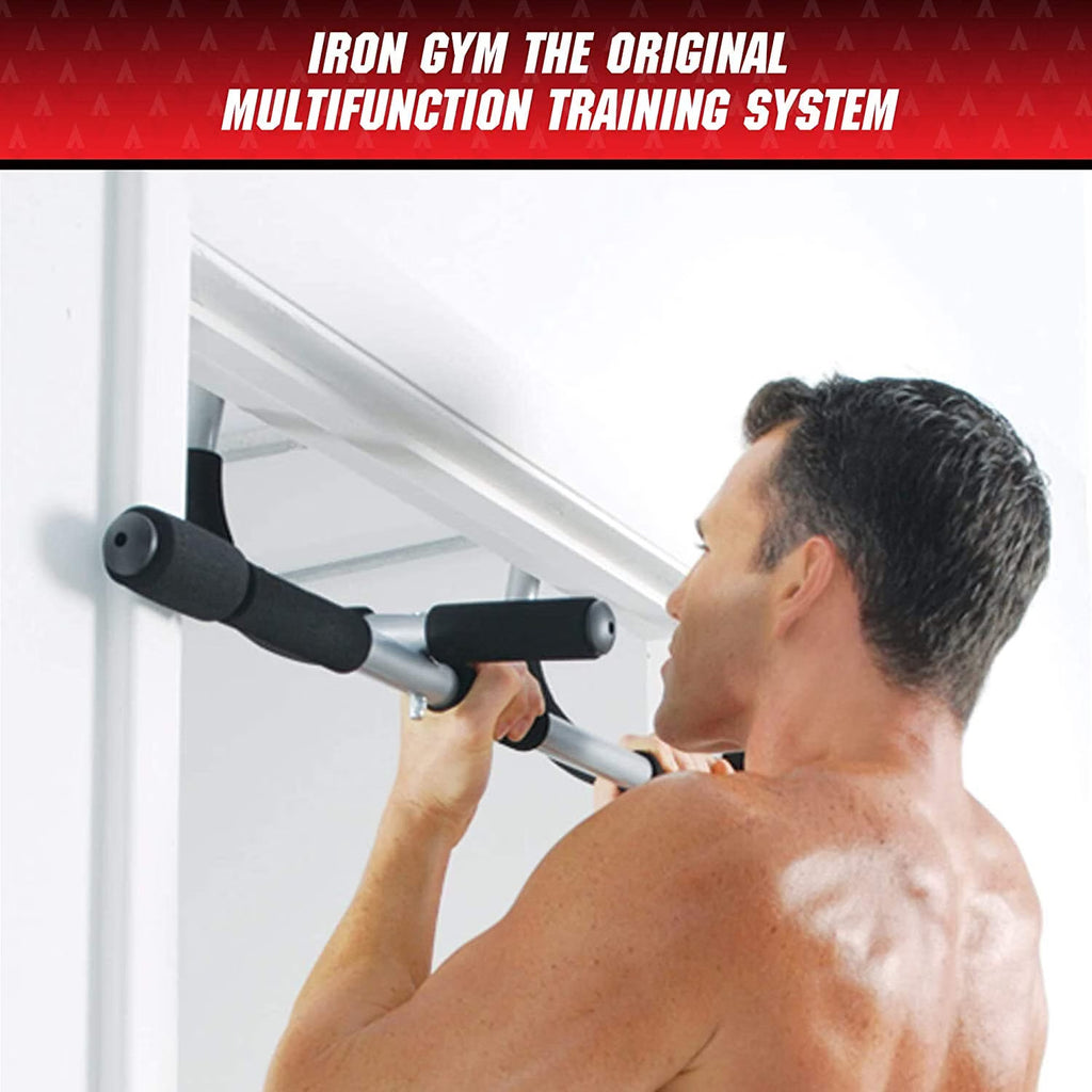 Man doing a pull-up on an Iron Gym total upper body doorway pull-up bar mounted in a doorframe