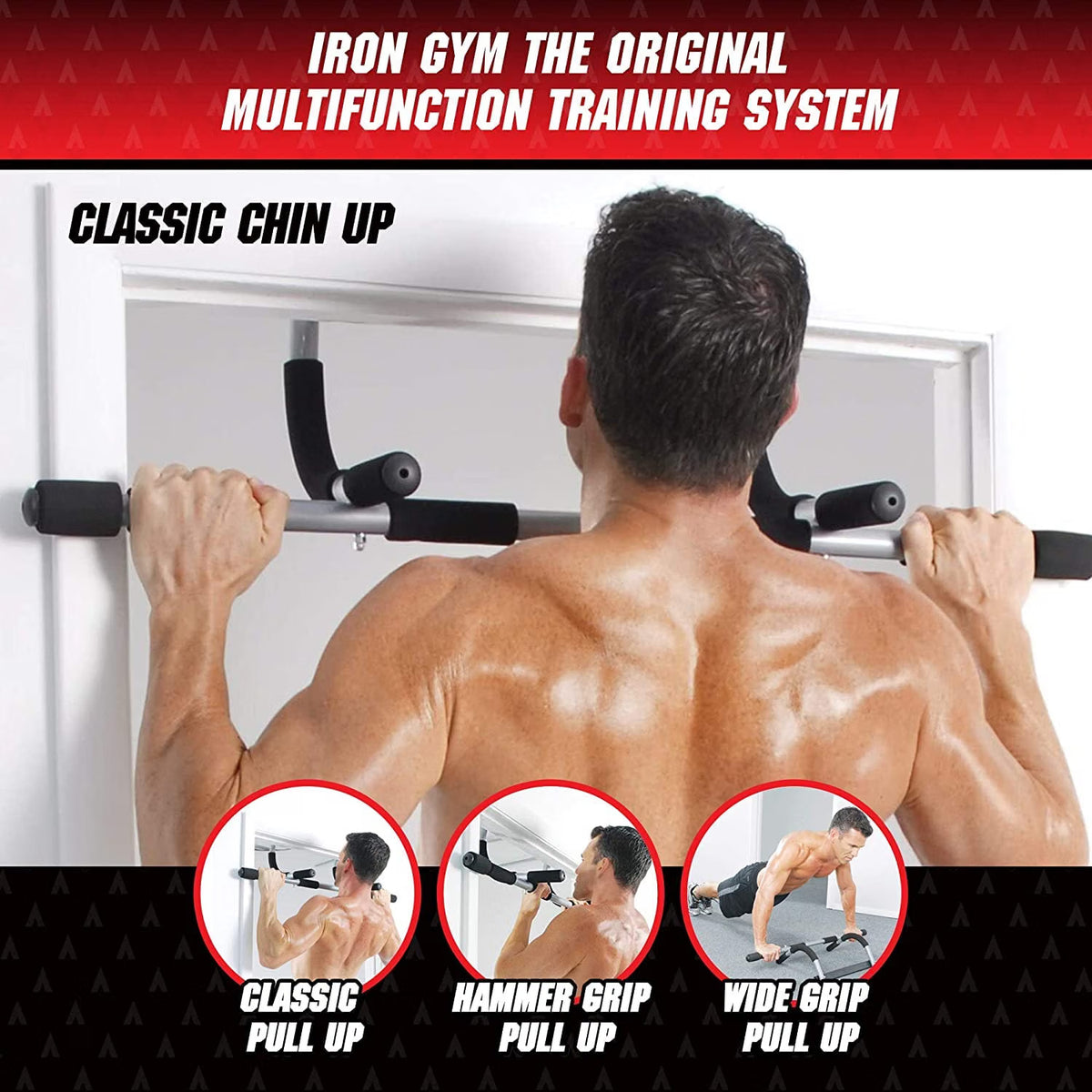 Iron Gym doorway pull-up bar grip positions for pull-ups and chin-ups, showing wide, narrow, and neutral grips