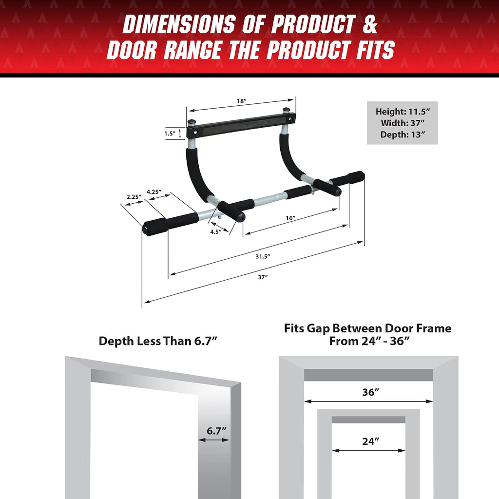 Iron Gym doorway pull-up bar dimensions diagram showing how it fits a standard door frame