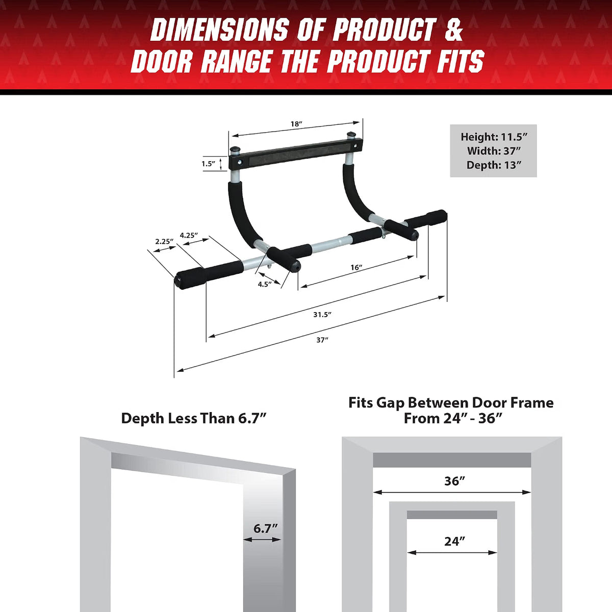 Iron Gym doorway pull-up bar dimensions diagram showing how it fits a standard door frame