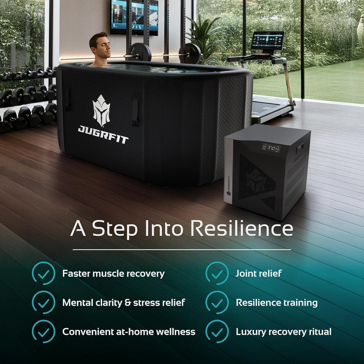 Man in a black JUGRFIT inflatable cold plunge tub with its chiller unit in a home gym, listing benefits like faster muscle recovery and joint relief