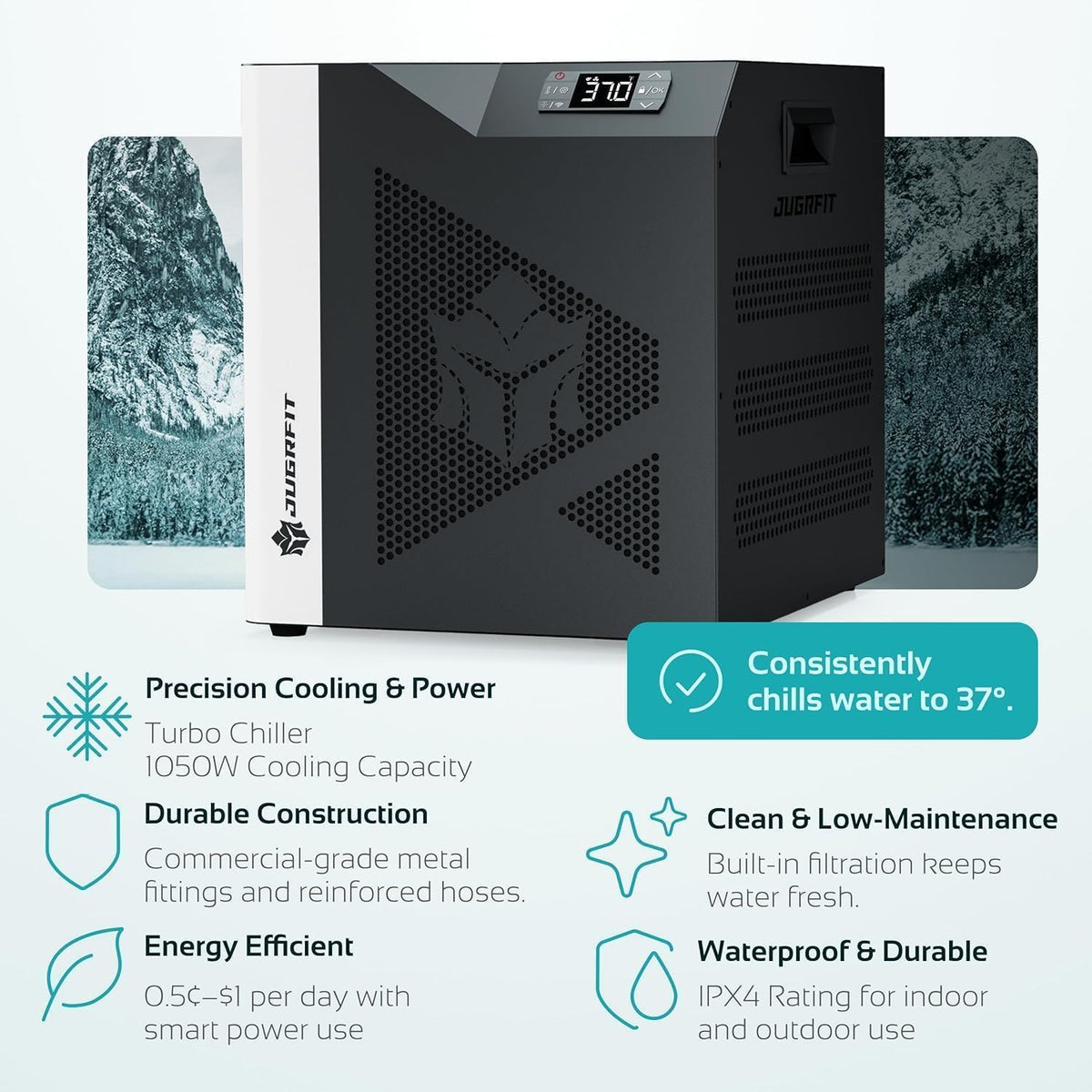 JUGRFIT Turbo Chiller unit with 1050W cooling, chilling water to 37 degrees, built-in filtration, and IPX4 waterproof rating