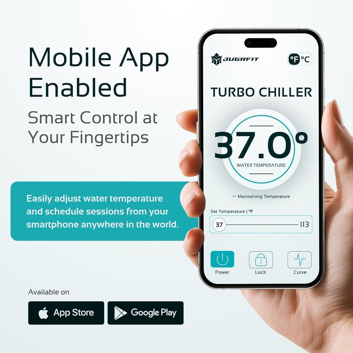 Hand holding a phone with the JUGRFIT Turbo Chiller app set to 37 degrees, showing mobile control of water temperature and session scheduling