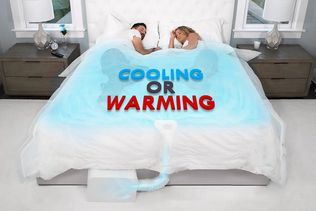 Couple sleeping in bed with a BedJet unit connected under the mattress, text reads Cooling or Warming