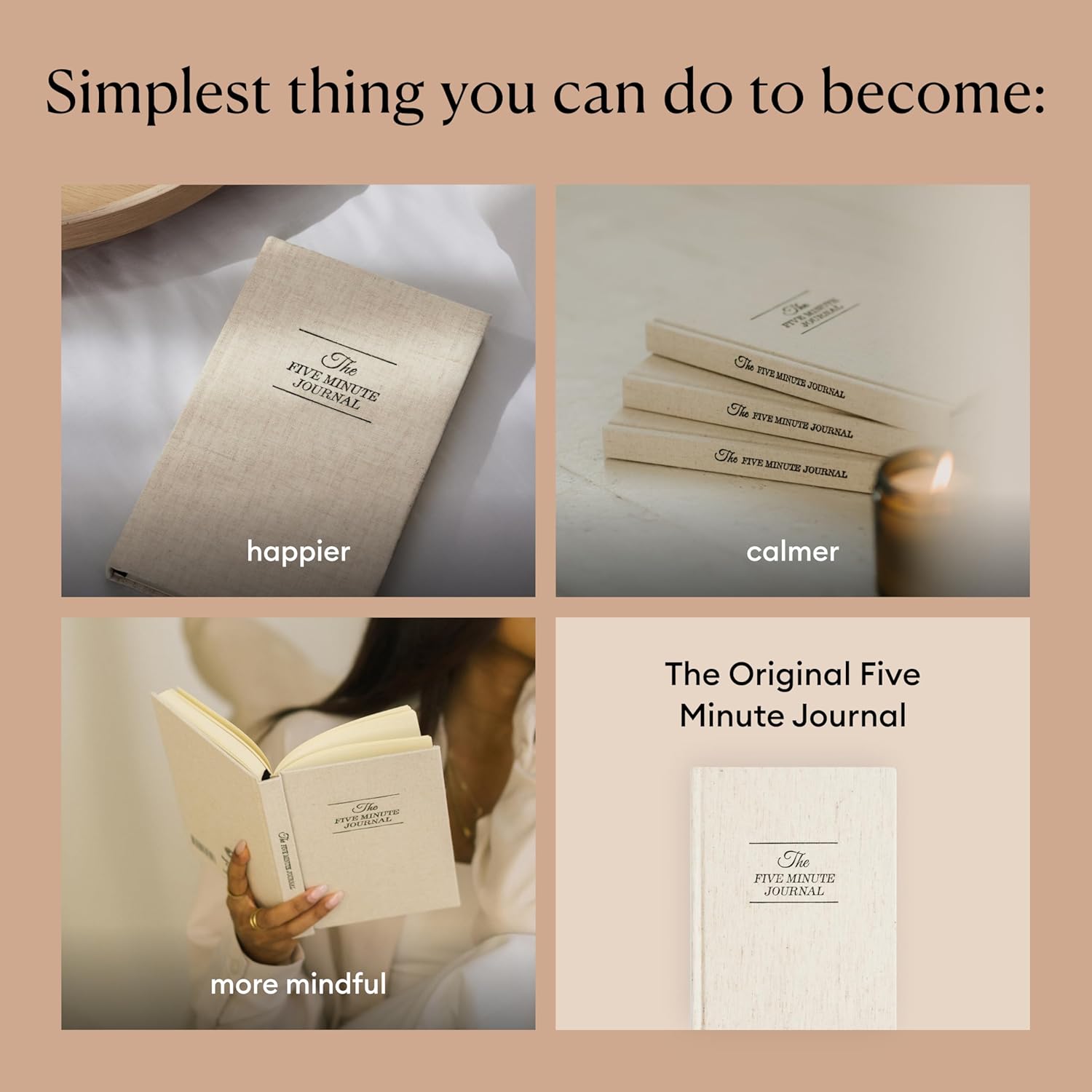 Grid of Five Minute Journal lifestyle photos illustrating happier, calmer, and more mindful mornings